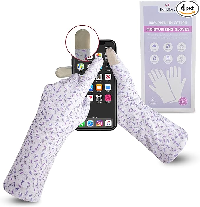 HandLove Premium 100% Cotton Gloves | Moisturizing Gloves for Dry Hands & Eczema | Overnight Sleeping Gloves, Eczema Gloves | Touchscreen | Extended Wrist White Gloves with Lavender Speckles, 2 Pairs