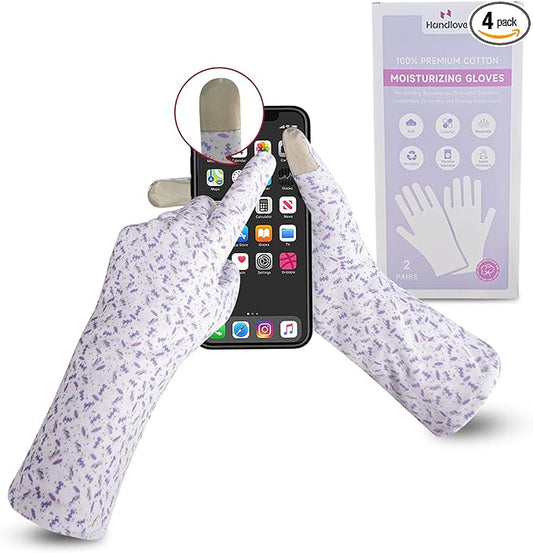 HandLove Premium 100% Cotton Gloves | Moisturizing Gloves for Dry Hands & Eczema | Overnight Sleeping Gloves, Eczema Gloves | Touchscreen | Extended Wrist White Gloves with Lavender Speckles, 2 Pairs