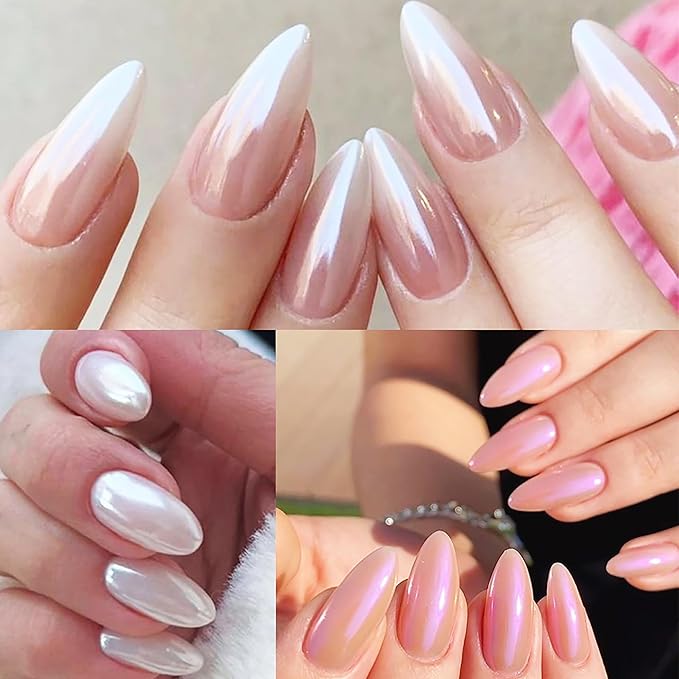 White Pearl Chrome Nails Powder 6 Colors Moonlight Chrome Nail Powders Kit Glitter Dust Pearlescent Mirror Effect Nail Art Pigment Mermaid Pearl White Pink Yellow DIY Manicure Pigments