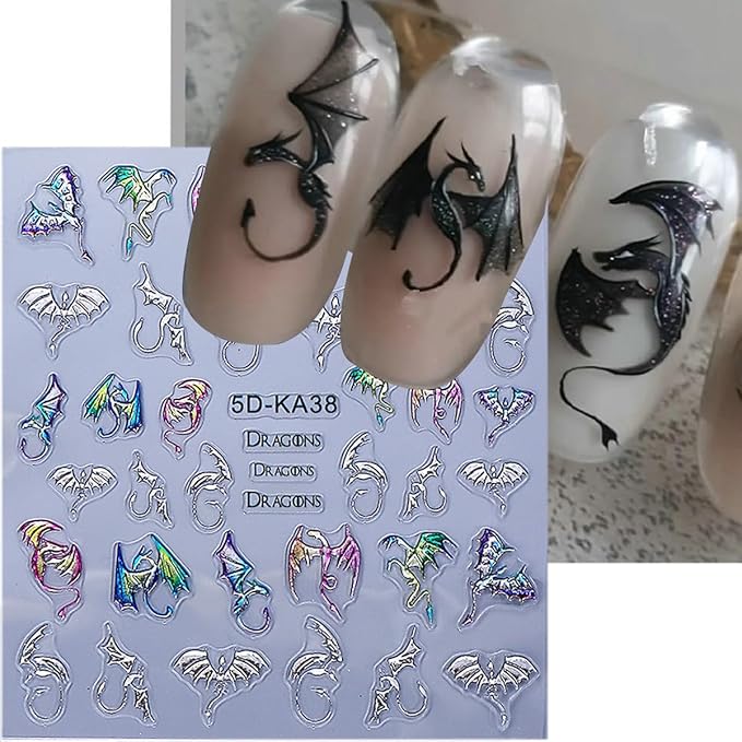 2 Sheets Halloween Dragon Nail Stickers 5D Embossed Laser Gold Silver Nail Art Sticker Horror Bat Dragon Self-Adhesive Design Gothic Nail Decals Nail Supplies for Women Acrylic Manicure Decorations