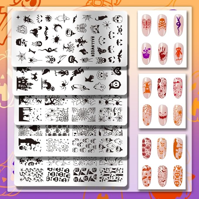 PH PandaHall 5pcs Halloween Nail Stamping Plate, Ghost Witch Nail Stencils Skull Pumpkin Nail Stamps Nail Art Stamping Plate Stainless Steel Print Nail Stencils for Nail Art Design Manicure Salon
