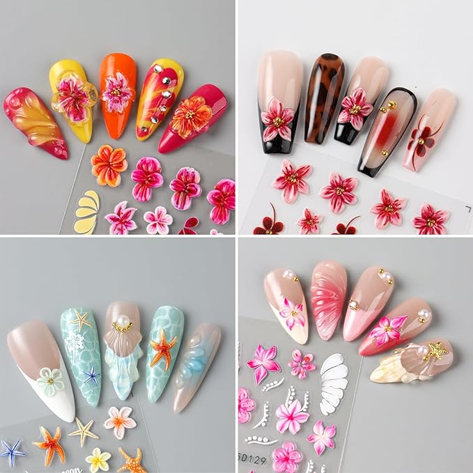 Cute Flowers Nail Art Stickers 5D Embossed Flower Nail Decals with Rhinestones Design Nail Stickers Self-Adhesive Colorful Floral Starfish Nail Decal French Sticker for Women Summer Hawaii Nails Decor