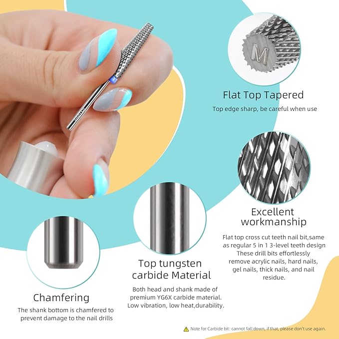 5 in 1 Nail Drill Bits, 24mm Flat Top Tapered Professional Tungsten Carbide Bit for Gel Polish & Acrylic Removal, Electric File Manicure Drills Accessories Tool,M