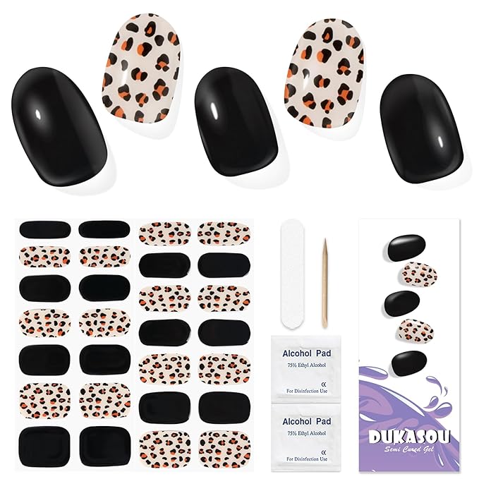 28pcs Semi Cured Gel Nail Strips, Gel Nail Stickers Work with Any UV Nail Lamps, Long Lasting Gel Nail Wraps for Women, includes Prep Pads, Nail File & Wood Stick(Leopard Print)