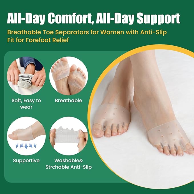 Toe Separators & Metatarsal Pads for Women & Men - 4Pcs Gel Toe Spacers, Ball of Foot Cushion for Pain Relief, Metatarsalgia, Morton’s Neuroma, Long Hours of Standing or Walking