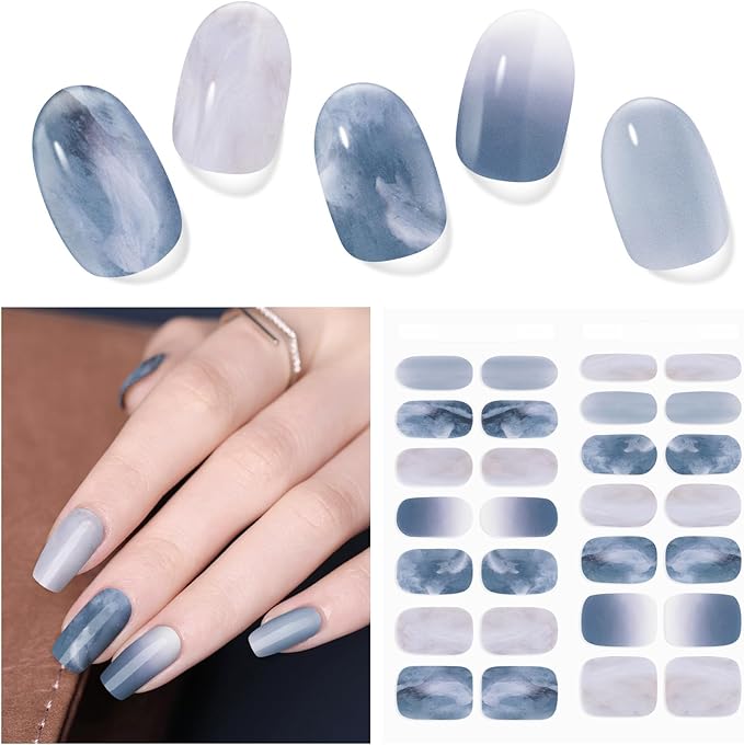 Semi Cured Gel Nail Strips, 28 pcs UV Gel Nail Stickers for Women Work with Any UV Light, Long Lasting Nails Strips for Home DIY Nails (Dreamy Waves)