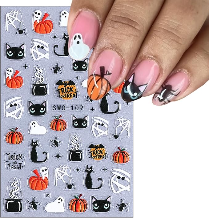 5 Pcs Halloween Nail Stickers,Spider Webs Cute Ghost 3D Self-Adhesive Nail Decals Cat Skull and Pumpkin Designs Nail Decorations Halloween DIY Manicure Supplies for Women Girls
