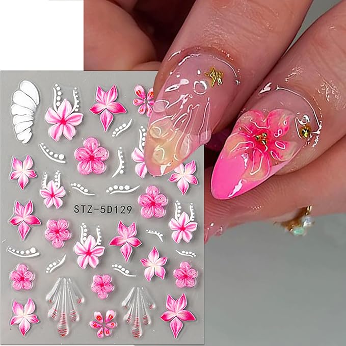 2 Sheets Flower Nail Stickers for Nail Art 5D Embossed Cherry Blossom Nail Decals Self-Adhesive Summer Hibiscus Flowers Nail Art Stickers Pink Floral Designs Nail Decal for Women Nail Decoration