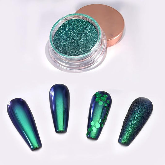 Allstarry Chameleon Chrome Nail Powder, Color-Shift Nail Powder Pigment Glitter Dust Magic Chameleon Mirror Effect Aurora Chrome Effect for Gel Polish Nail Art Decoration-Cyanobacteria