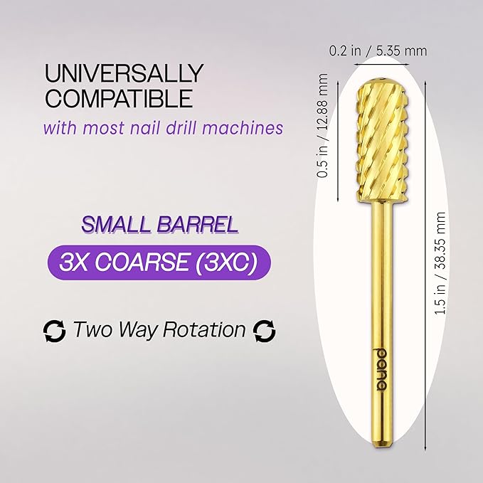 PANA 3/32" Small Smooth Round Top Safety Carbide Nail Drill Bit for Gel Polish & Acrylic Removal Nail Salon Manicure Pedicure Electric File Tools (Small Barrel - Gold, 3X Coarse)