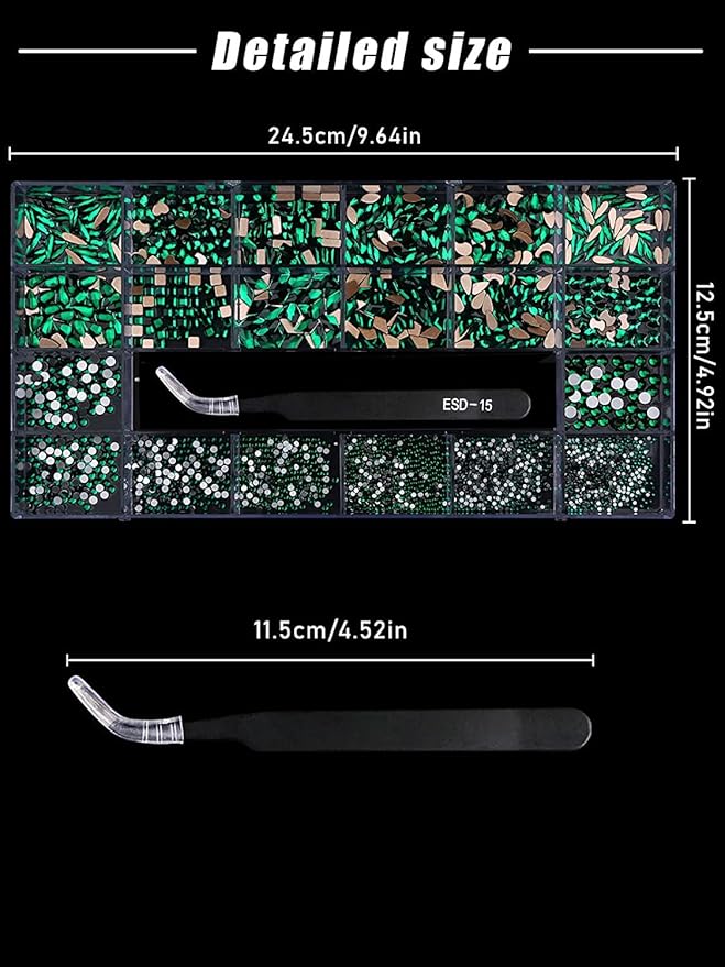 3100Pcs Green Rhinestones for Nail, EBANKU 12 Types of 600 Nail Diamonds +2500 Flat Rhinestones Kit Mixed Shape AB Nail Gems Jewels with Rhinestone Picker Dotting Pen Tweezers