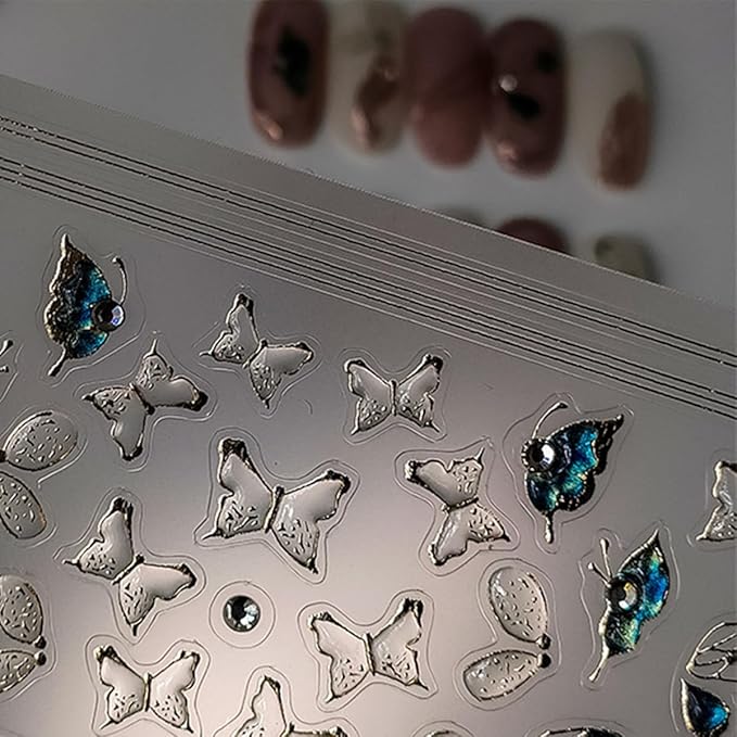 5D Embossed Butterfly Nail Stickers - Green Butterfly Gold Edge Design Shiny Nail Art Decals - Self Adhesive for Women's Manicure