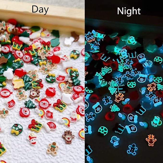 100Pcs Christmas Nail Charms Glow in The Dark 3D Xmas Nail Rhinestone Supply Christmas Tree Socks Santa Claus Gift Elk Nail Art Charms for Women DIY Manicure Winter Holiday Nails Decoration Supply