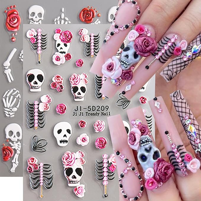2Sheets Halloween Nail Art Stickers 5D Embossed Skull Bones Nail Decals with Cute Rose Flowers Designs Nail Stickers Self-Adhesive Skeleton Floral Nail Decal for Women DIY Manicure Decoration Supplies