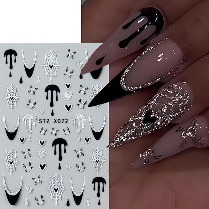 6pcs Ghost Halloween Nails Stickers with Tweezers Heart Spider Web Blood Dripping Spiders Boo Cute Ghost Goth Nails Decals Halloween Art Party Nail Supplies for Women DIY Nail Charms Decorations