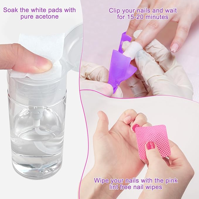 Gel Nail Polish Remover Tools Kit, 20 Toenail & Finger Nail Clips 120 Ml Push Down Pump Dispenser Bottle 200 Nail Remover Pads 200 Lint Free Nail Wipes Cuticle Pusher & Peeler Nail Brush 2 Nail Files
