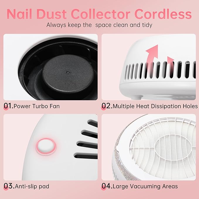 Nail Dust Collector, Cordless Dust Collector Nail Tech, Powerful Vacuum Fan Vent Dust Collector Extractor Dust Suction Machine for Acrylic Nails Polishing, Nail Salon&Home