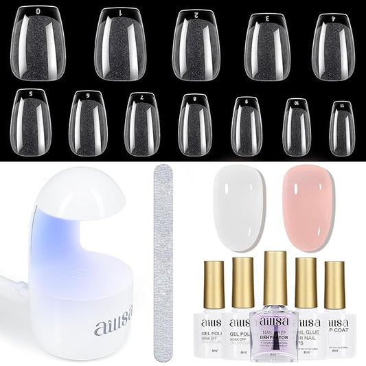 AILLSA Gel Nail Kit Short Coffin Nail Tips 240pcs with 2 In 1 Nail Glue Base Coat and Nail Dehydrator, False Nail Tips Kit with U V Light Top Coat for Beginners DIY Home Salon