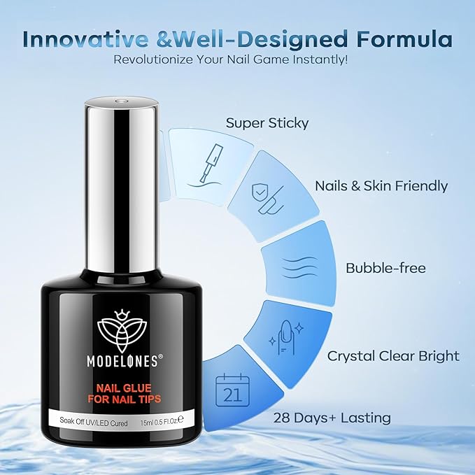 Modelones 10 in One Nail Glue Gel Base Coat Brush On Nail Polish Glue 15ml for Tips, Rhinestones, Blooming Art Gel Kit for Acrylic Tips U V Lamp Needed
