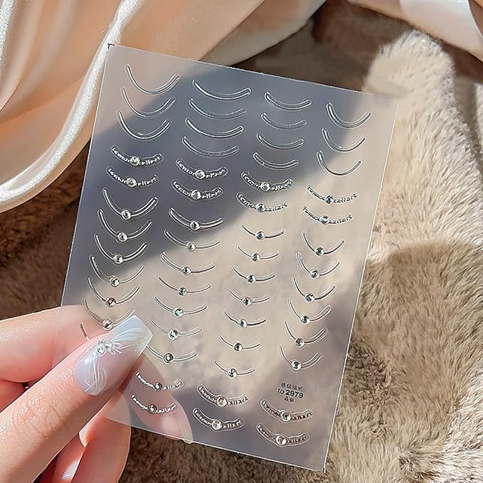 French Tip Nail Stickers for Nail Art, 3D Self-Adhesive Gold Silver French Tip Line with Crystal Diamond Nail Art Design Decals French Nail Sticker for Acrylic Manicure DIY Nail Art Accessories