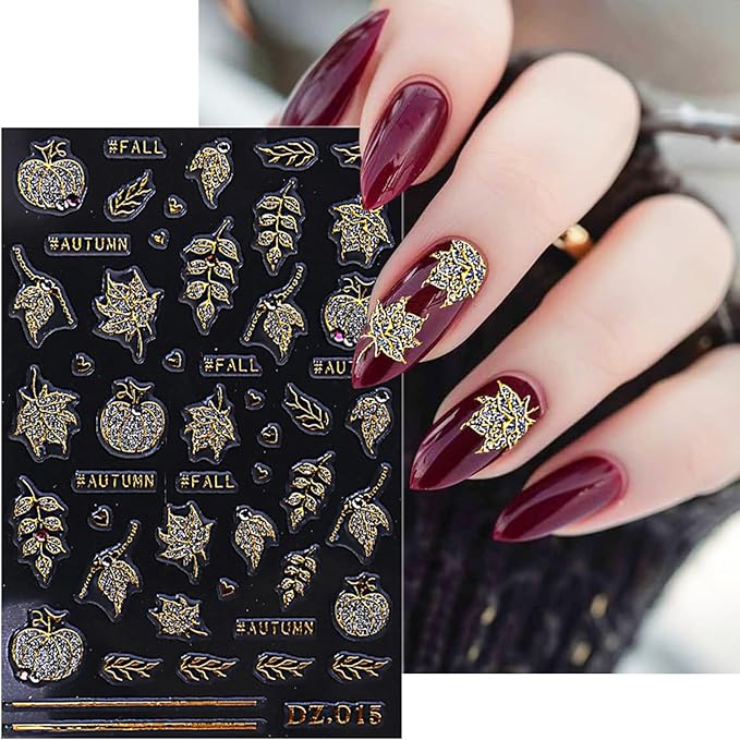 2 Sheets Fall Nail Stickers for Nail Art Glitter Gold Leaf Nail Art Stickers Embossed Autumn Pumpkin Nail Decals 5D Self-Adhesive Diamond Nail Design Sticker for Women Thanksgiving Nails Decoration