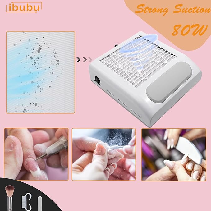 Nail Dust Collector Machine Professional Manicure Nails Dust Vacuum Cleaner Fan Nail Salon Dust Extractor 80w Powerful Nail Vacuum Dust Collector with Multiple Tool Kits Low Noise White