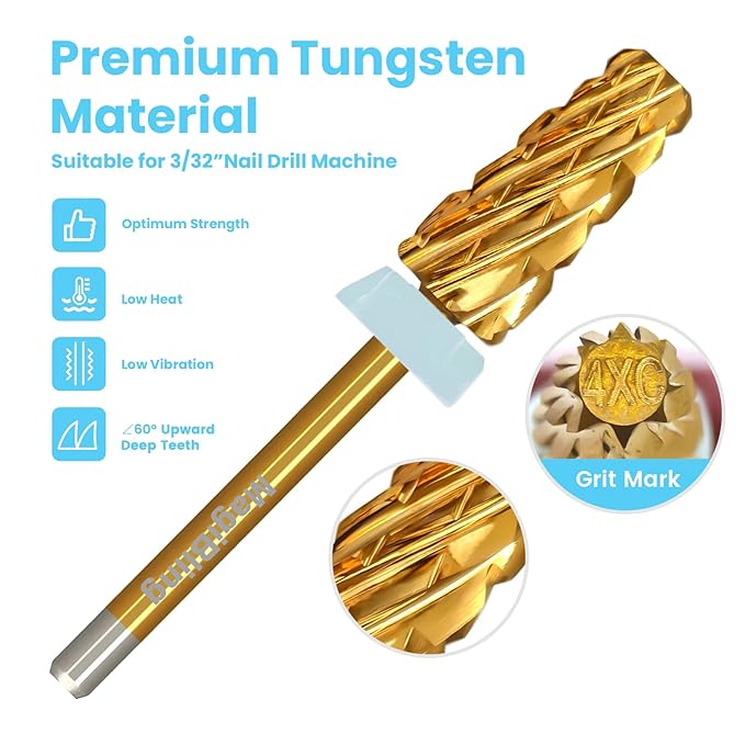 Super Cut Tapered Barrel Nail Drill Bits, 3/32'' Professional Tungsten Carbide Bits, Remove Hard Gel Fast, Right Hand, Suitable for Long Acrylic Nails Gel Polishing, Quadruple Coarse.
