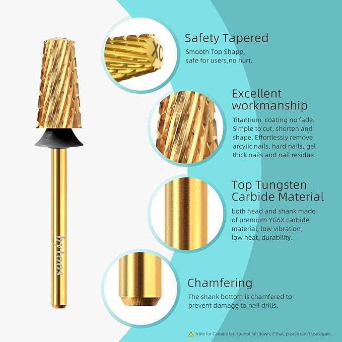 Safety Carbide Tapered Nail Drill Bits,Titanium Coating Round Top 3/32 Manicure Bit, Two-way Rotate for Both Hand, Nails Accessories Thick Gel Remover Tool (XC, titanium)