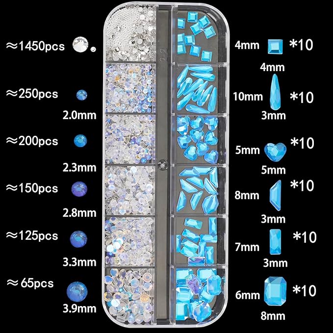 Multi Shapes Aurora 3D Glass Crystal Nail Rhinestones Kit Mix 0.8mm Silver Nail Round Beads Charm Flatback Gems 5 Grids Flatback Rhinestones Stone Diamond for Manicure Makeup DIY Decoration