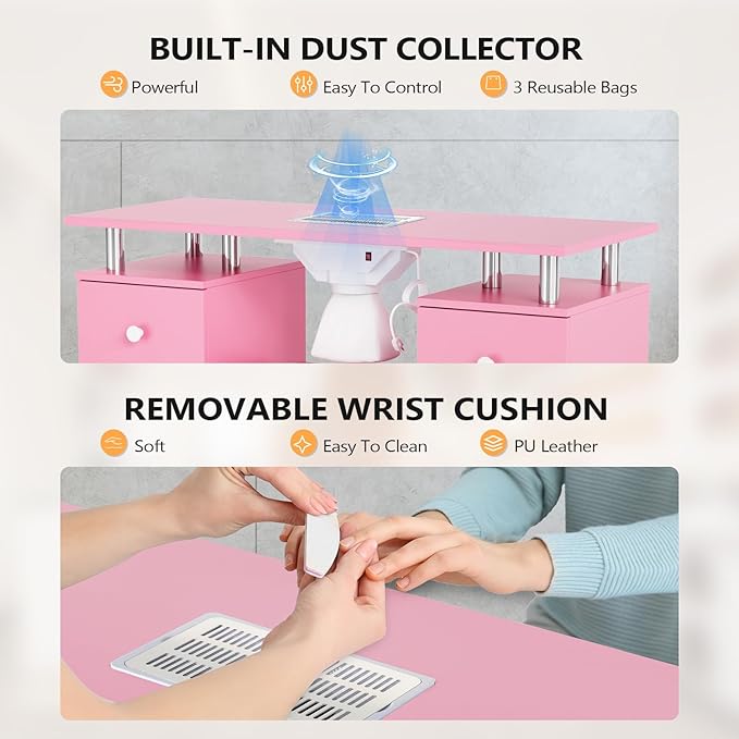 OmySalon Nail Desk and Chair Set, Manicure Table with Dust Collector, Arm Rest, 8 Wheels, Acetone Resistant Desktop, Drawers & Cabinet Storage for Makeup Beauty Salon (Pink)