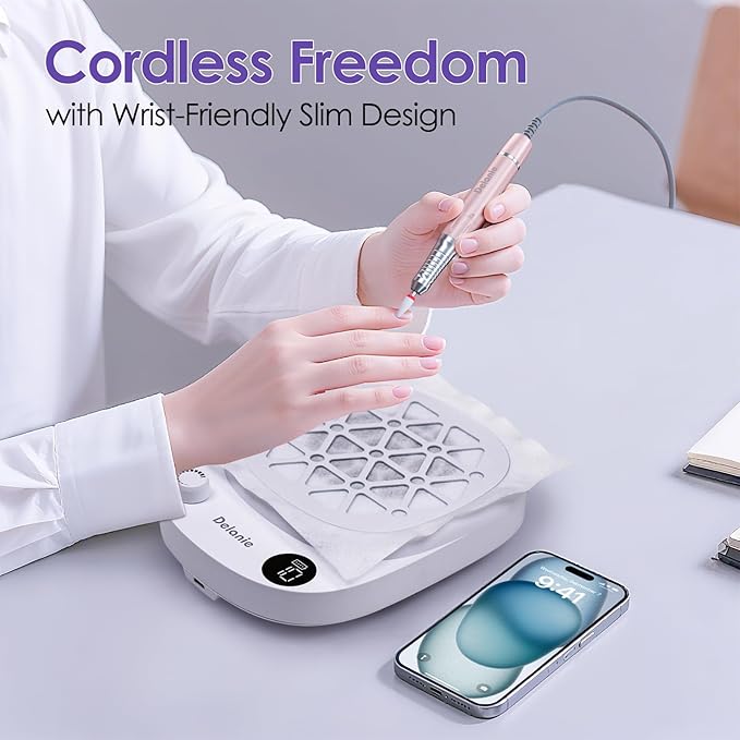 Delanie Professional Nail Dust Collector Cordless with 50pcs Filter Pads, Portable Dust Collector for Nail Tech 6000 RPM, Rechargeable Compact Nail Fan Dust Collector with 10 Speed Settings & Display