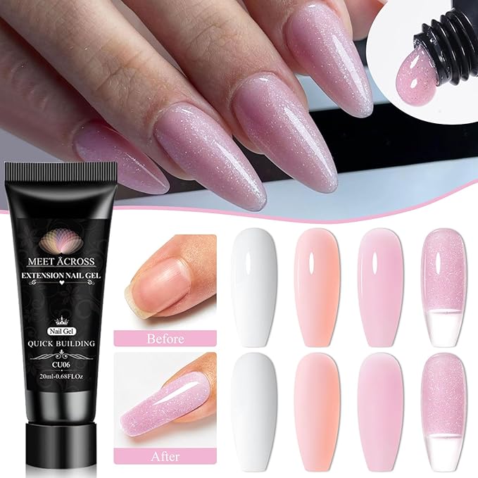 MEET ACROSS Poly Nail Gel 10Pcs Nail Extension Gel Set and Nail Extension Starter Kit for Beginners Nail Art DIY Home Gifts for Women (White/Pink, 12pcs)