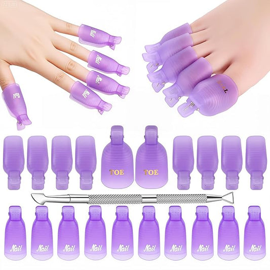 Makartt Nail Clips to Remove Gel Polish, with Double Ended Metal Cuticle Pusher, 20 Pcs Plastic Resuable Finger and Toe Nail Soak Off Clips for Removal Acrylic Art Nail Polish Remover Cap Clip