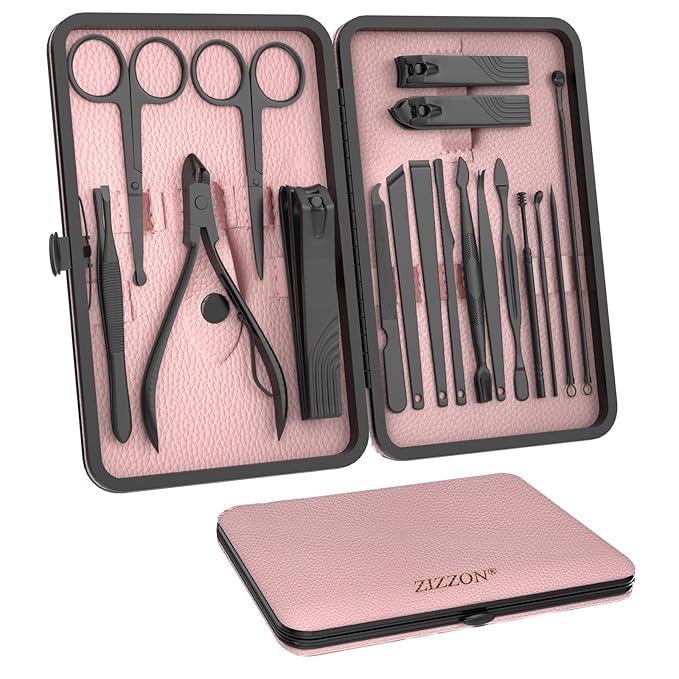 ZIZZON Nail Clippers Manicure Pedicure Set 18 in 1 Nail Grooming Kit with Leather Travel Case(Black/Pink)