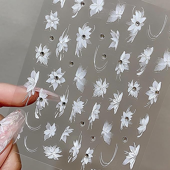 2 Sheets White Flower Nail Art Stickers 5D Embossed Nail Decals Self-Adhesive Diamond Flower Nail Stickers White Feather Lace Snowflake Design Suitable for Women Girls Nail Art Decoration
