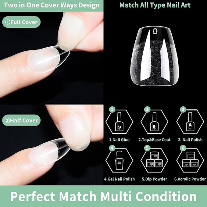 Extra Short Coffin Nail Tips, 216pcs Acrylic Ballerina Soft Fake Nails Gel Nail Tips, Full Cover Pre-Shaped Matte Clear Press on Nails for Extension, Diy at Home Manicure 12 Sizes