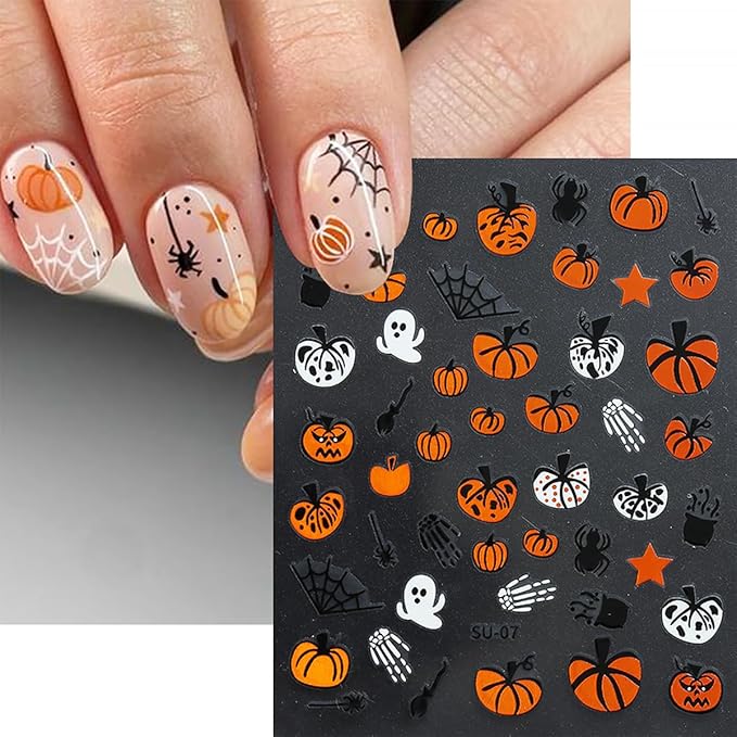 8 Sheets Halloween Nail Art Stickers Cute Ghost Spider 3D Self Adhesive Nail Stickers Gothic Pumpkin Nail Decals Gothic Skeleton Spooky Nail Design Stickers Halloween DIY Manicure Supplies