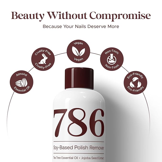 786 Cosmetics Soy-Based Nail Polish Remover - Acetone Free, with Almond Essential Oil, Gentle Nail Polish Remover, Non-Toxic, Non-Flammable, Promotes Healthy & Moisturized Nails