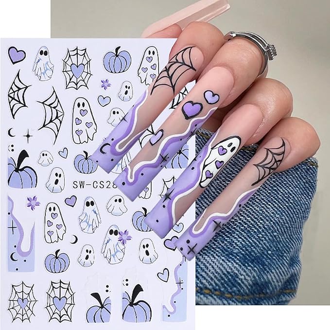 Halloween Nail Art Stickers Decals Ghost Pumpkin Halloween Design Nail Decals 3D Self-Adhesive Nail Art Supplies 6PCS Mushroom Ghost Moon Pumpkin Nails Deign Stickers for Women DIY Nail Decorations