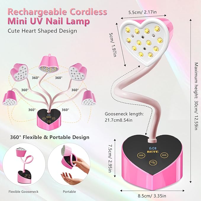 BETE Mini UV Nail Lamp Flash Cure Gel Nail Polish, 360° Foldable Gooseneck UV LED Nail Lamp with Smart Sensor, USB Portable Cordless 30W Rechargeable Nail Dryer with 3 Timers for Salon Home DIY