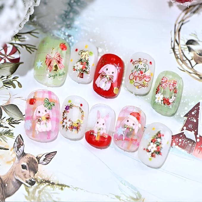 Christmas Nail Stickers for Nails Art Gold Nail Stickers Christmas Tree 5D Self-Adhesive Bow Nail Decals Winter Nails Art Cute Rabbit Nails Design Decoration Accessories for Women and Girls