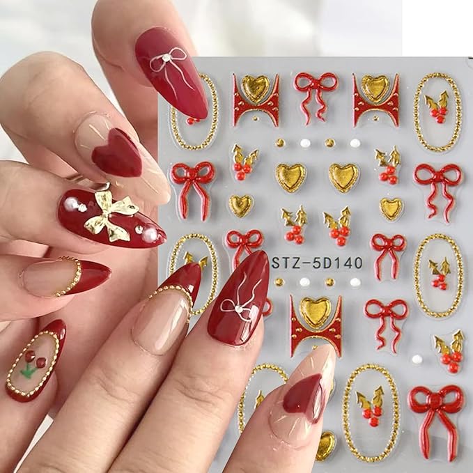2Sheets Christmas Nail Art Stickers 5D Embossed Holly Nail Decals with Gold Beads Frame Designs Nail Stickers Self-Adhesive Red Bow Nail Decal Gold Heart Nail Sticker for Women Nails Decor Supplies