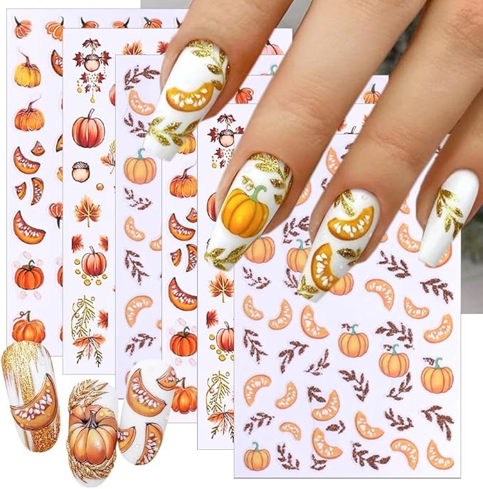 6 Sheets Fall Nail Art Stickers Pumpkin Fall Maple Leaf Nail Decals Fallen Leaves Nails Designs 3D Self-Adhesive Thanksgiving Nails Stickers Autumn Nail Art Supplies for Women DIY Manicure Art Kit