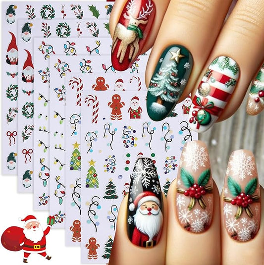 6 Sheets Christmas Nail Stickers 5D Embossed Holly Nail Art Stickers Snowflake Xmas Tree Santa Claus Candy Cane Designs Colorful Light String Nail Decals for Women DIY Acrylic Manicure Decoration