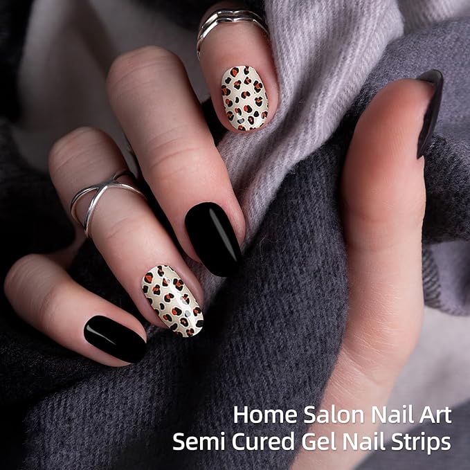 28pcs Semi Cured Gel Nail Strips, Gel Nail Stickers Work with Any UV Nail Lamps, Long Lasting Gel Nail Wraps for Women, includes Prep Pads, Nail File & Wood Stick(Leopard Print)