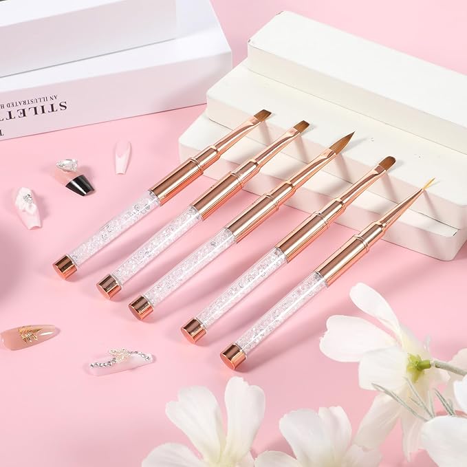 5 Pcs Nail Art Clean Up Brushes, Gel Nail Brushes Round/Angled/Flat/Liner/Nail Polish Clean Up Brush Professional Nail Polish Remover Painting Tools for Nail Art Design