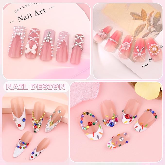 8000Pcs Nail Pearls and Colorful Rhinestones for Nail Art with Rhinestone Glue, White Pearl Nail Charms(Flatback+Round), Nail Gems and Rhinestones Crystals Charms Bedazzling Gems for Manicure Decor