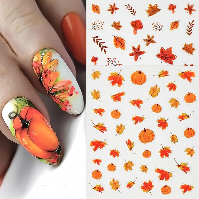 6 Sheets Fall Nail Stickers Maple Leaf Nail Art Stickers Decals Thanksgiving Pumpkins Maple Leaves Nail Design Nail Decals Autumn Nail Supplies for Women Holiday Acrylic Nail Decoration DIY