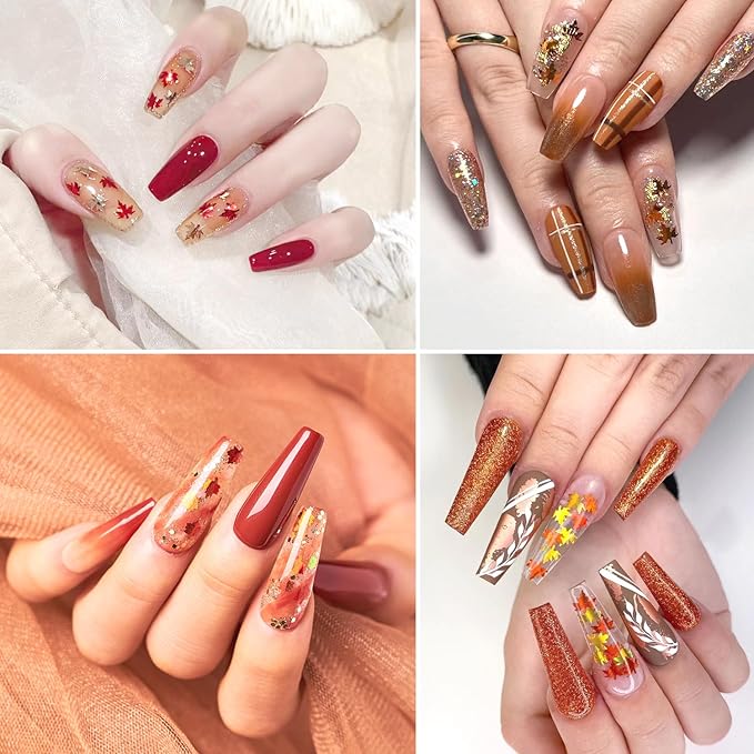 4Pcs Fall Nail Glitters 3D Gold Maple Leaf Nail Sequins with Glitter Flakes Powder Gradient Maple Leaves Shaped Sparkly Supplies for Women Manicure Charms Autumn Winter Thanksgiving Accessories Crafts