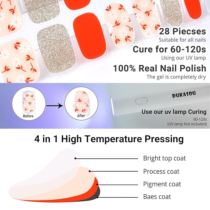Semi Cured Gel Nail Strips, Flash Pink | 28 PCS Solid Color Gel Nail Strips Works with UV Light, Salon Quality Nails Stickers Full Nails Wraps